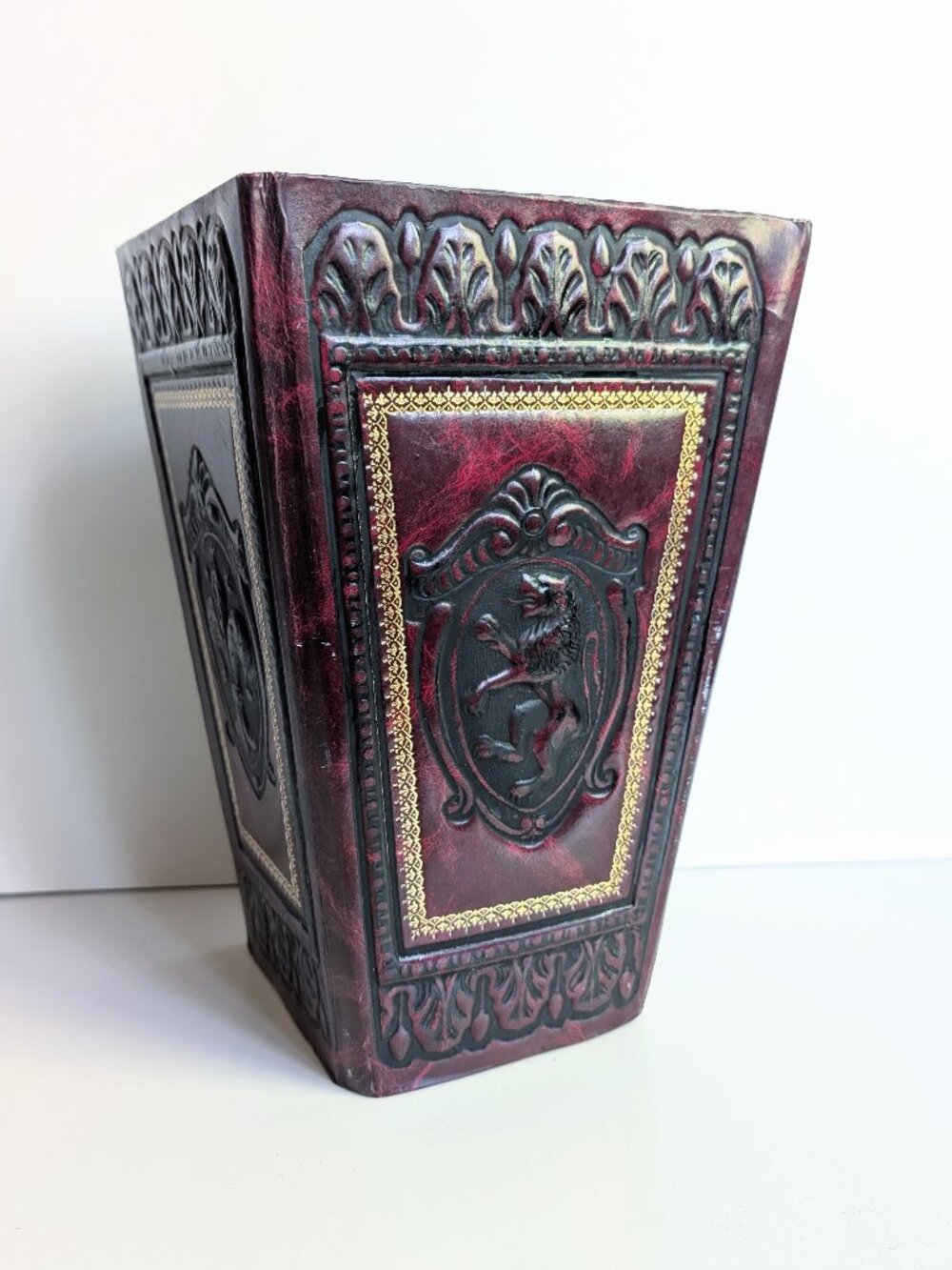 Vintage Italian Foldable Firenze Faux Leather Embossed Waste Bin 12.25" Tall